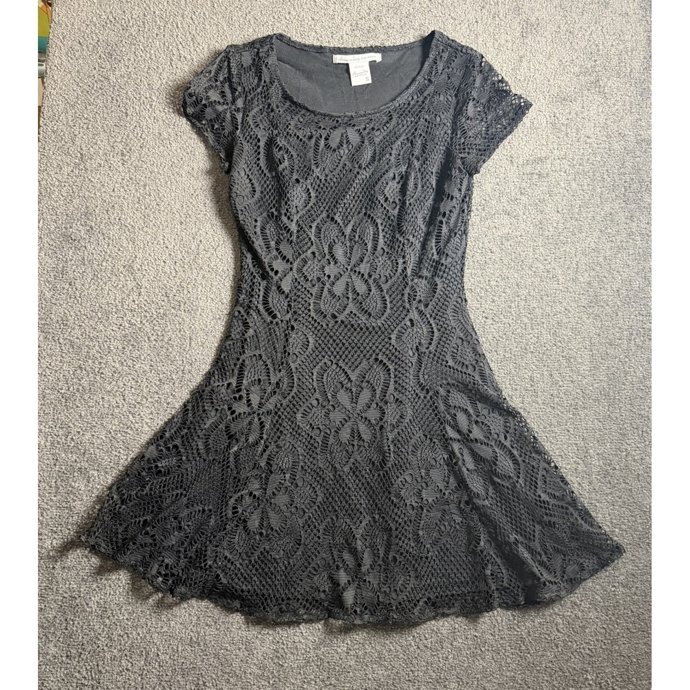 American Rag Cie Black Floral Lace Fit and Flare Skater Dress Small Short Sleeve